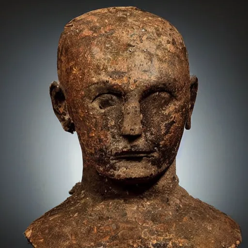 Image similar to an extremely ancient ironman bust that is tarnished and covered in sediment from uncovered earth expedition, rare photograph, smithsonian,