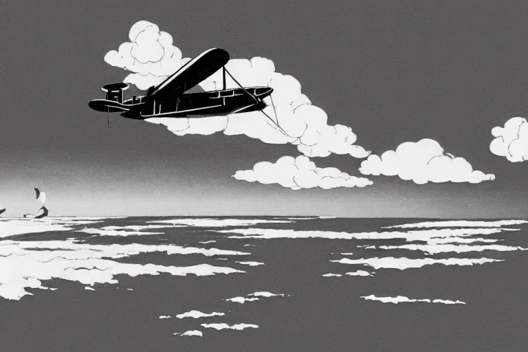 Image similar to black and white cat flying biplane over a tropical archipelago, morning sunrise, clouds, beautiful, studio ghibli, art by hayao miyazaki, makoto shinkai