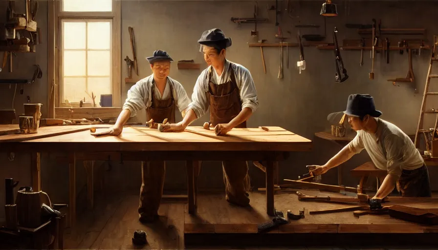 Prompt: highly detailed oil painting | very intricate | cinematic lighting | award - winning | simple carpenter fine craftsman | building a wooden table in their well organized clean workshop | beautiful cinematic light, american romanticism, by huang guangjian, gil elvgren, ruan jia, randy vargas, greg rutkowski, artstation, cgsociety, official art, octane