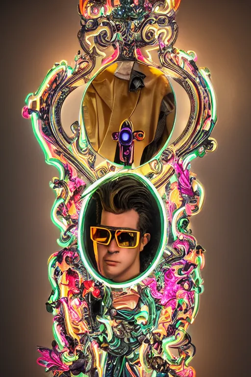 Image similar to full-body neon porcelain bladerunner and rococo style sculpture of a young handsome Cuban prince wearing cholo shades as a half android with a porcelain chest opening exposing circuitry and electric sparks, glowing laser beam eyes, crown of giant diamonds, flowing neon-colored silk, fabric, raptors. baroque elements. full-length view. baroque element. intricate artwork by caravaggio. many many birds birds on background. Trending on artstation, octane render, cinematic lighting from the right, hyper realism, octane render, 8k, depth of field, 3D