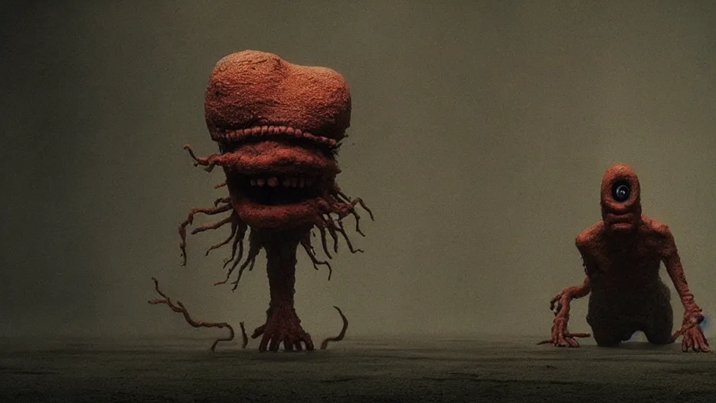 Image similar to the insane creature with one eye, film still from the movie directed by denis villeneuve and david cronenberg with art direction by zdzisław beksinski and dr. seuss