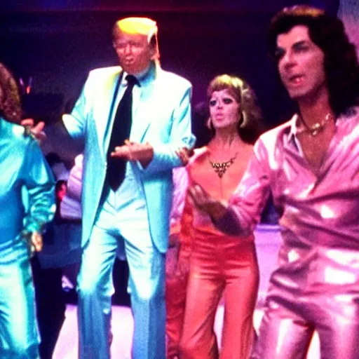 Image similar to A still of Donald Trump wearing a disco suit in Saturday Night Fever