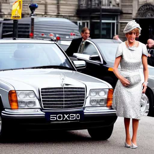 Prompt: award winning photograph of Princess Diana next to a silver Mercedes-Benz W140, Nikon D810, Sigma 35mm ƒ/2.5, award-winning, beautiful, photorealistic, detailed,