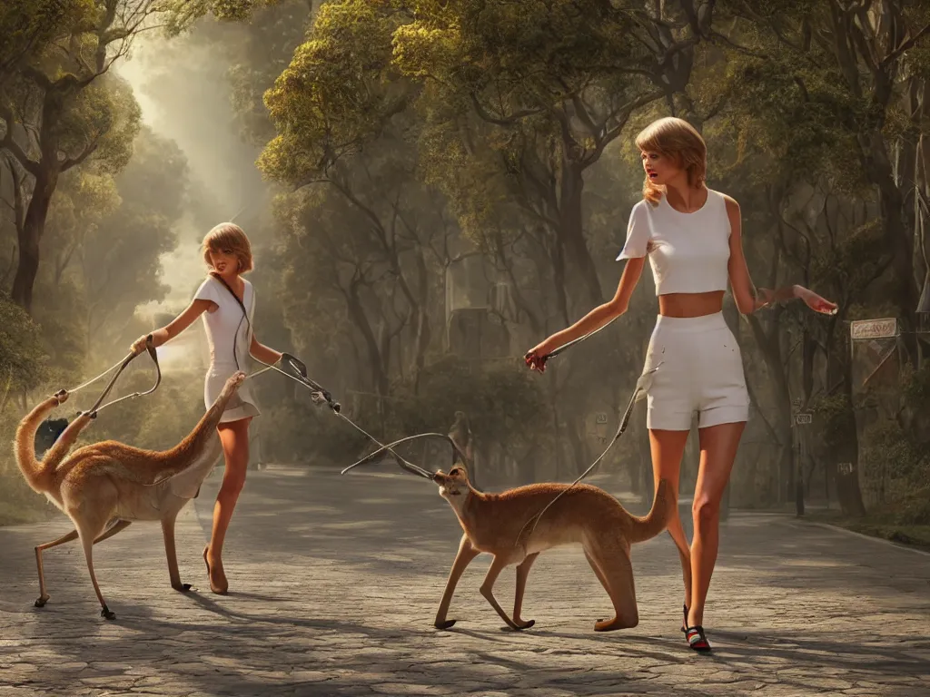 Image similar to taylor swift walking a kangaroo in the style of michael cheval, 4 k, hyper detailed, trending on artstation, photorealistic, volumetric lighting, octane render,