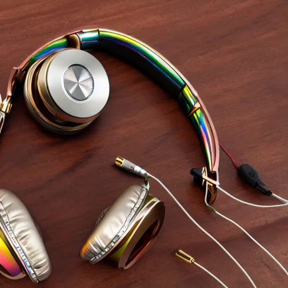 Image similar to masterpiece photo of beautiful crafted artistic bismuth metal headphones, bismuth rainbow metal, bismuth cups, leather padding, displayed on mahogany desk, modernist headphones, bismuth headphones beautiful well designed, hyperrealistic, audiophile, intricate hyper detail, extreme high quality, photographic, meze audio, sennheiser, hifiman, artstation