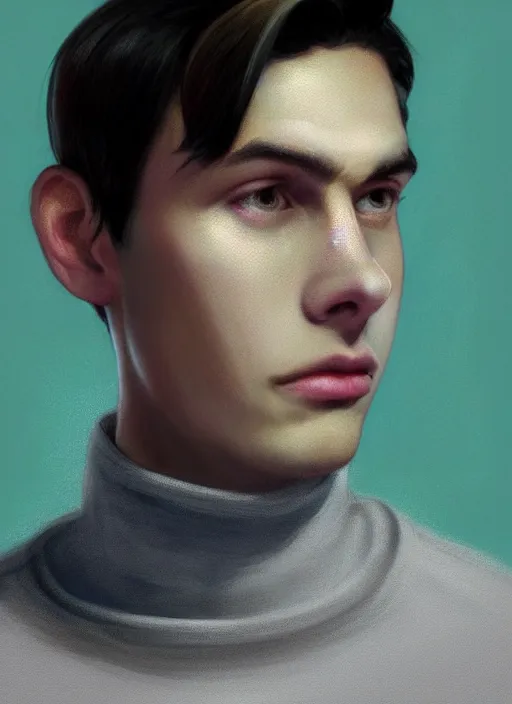 Image similar to portrait of teenage jughead jones wearing a light grey crown, crown, blue turtleneck, 1 9 5 0 s, closed eyes, photorealistic, black hair, glowing lighting, intricate, elegant, glowing lights, highly detailed, digital painting, artstation, concept art, smooth, sharp focus, illustration, art by wlop, mars ravelo and greg rutkowski