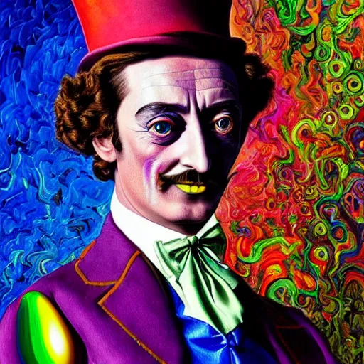 Image similar to an extremely psychedelic portrait of salvador dali as willy wonka, surreal, lsd, face, detailed, intricate, elegant, lithe, highly detailed, digital painting, artstation, concept art, smooth, sharp focus, illustration,