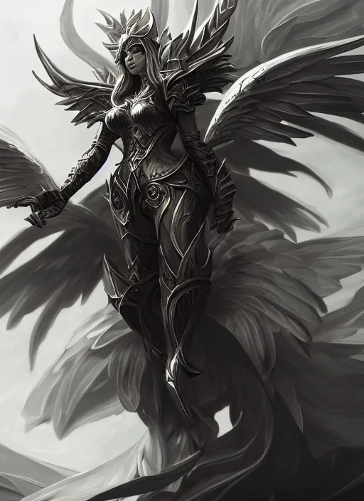 Image similar to a highly detailed illustration of winged divine armored angel, ominous floating pose, intricate, elegant, highly detailed, centered, digital painting, artstation, concept art, smooth, sharp focus, league of legends concept art, wlop.