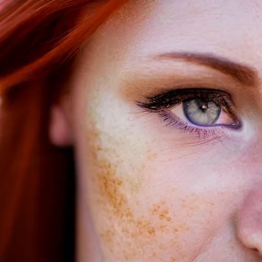 Prompt: close up portrait photo of the left side of the face of a redhead woman with galaxy of stars in her eyes, she looks directly at the camera. Slightly open mouth, face covers half of the frame, with a park visible in the background. 135mm nikon. Intricate. Very detailed 8k. Sharp. Cinematic post-processing. Award winning photography