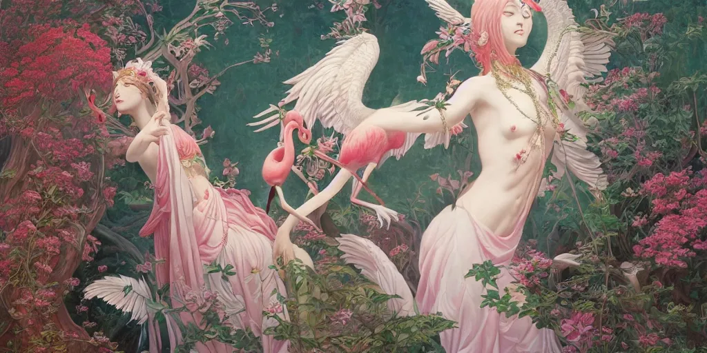 Image similar to breathtaking detailed concept art painting of the goddess of flamingo, orthodox saint, with anxious, piercing eyes, ornate background, epic composition, amalgamation of leaves and flowers, by Hsiao-Ron Cheng and John James Audubon and Miho Hirano, extremely moody lighting, 8K