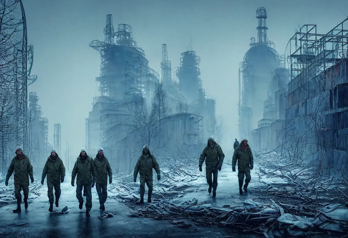 Prompt: chernobyl liquidators walking in postapocalyptic winter cityscape, 4 k, high quality, sharp focus, ultra high definition, ultra detailed, symmetry, fog, matte painting, by greg rutkowski and ross tran and wlop