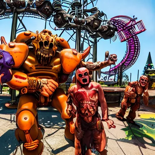 Prompt: doom guy and demons having fun at a theme park, theme park, colourful, sunny day, cheery, highly detailed