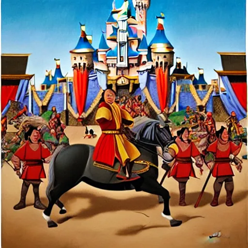 Image similar to genghis khan and his mongol horde ransacking disneyland, oil on canvas