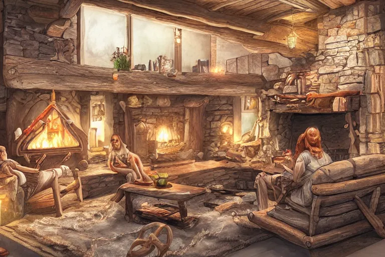 Image similar to wooden cottage, living room, elves sitting on the couch, high - tech devices, traditional fireplace, concept art