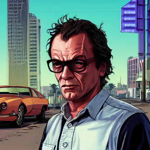 Image similar to Félix Guattari in GTA V, Cover art by Stephen Bliss, boxart, loading screen