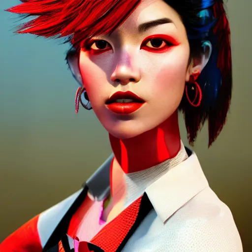 Image similar to Japanese model with maximalist hair style and makeup, bright colors, fashion model, unreal engine octane, red and white, portrait, gliter, depth of field, 8k, hyper detailed, intricate, trending on artstation