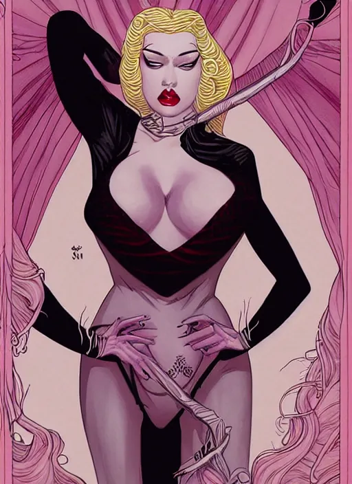 Prompt: lili st. cyr as a vampire queen, science fiction comic illustration by sana takeda and jenny frison, intricate, stunning inking lines, hyper detailed, 4 k, hd, award winning, photorealistic