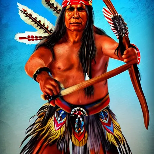 Prompt: handsome Native American man wears warrior regalia and headdress, wielding a tomahawk, fiery background, digital art, stunning, 4k