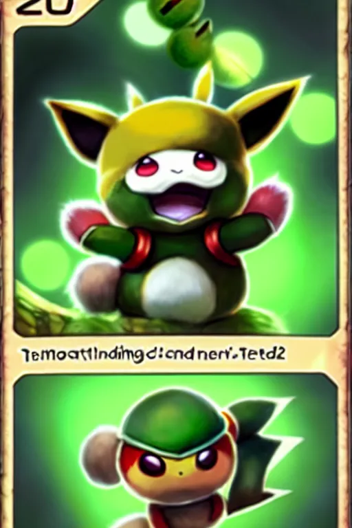 Image similar to teemo, a pokemon trading card of teemo, highly detailed pokemon trading card screenshot