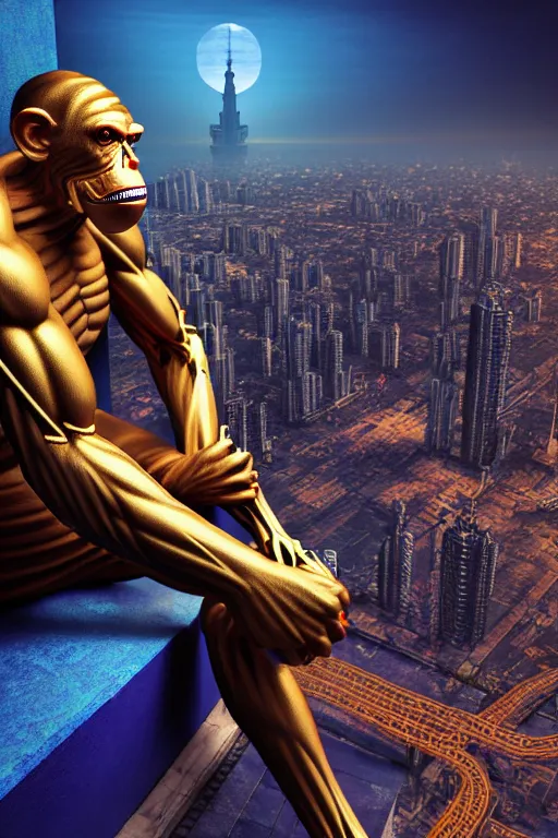 Prompt: high quality 3 d render ultra realistic mischievous cyborg muscular man monkey blue hybrid sitting, gold madhubani, highly detailed, cyberpunk!! mumbai in the background, unreal engine cinematic smooth, szukalski, moody light, low angle, uhd 8 k, sharp focus