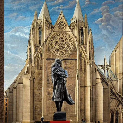 Image similar to highly detailed painting of a statue of bach infront of a cathedral, people are walking past the statue and cathedral, 4 k resolution, by jaquis luis david, visible paint layers, renaissance.