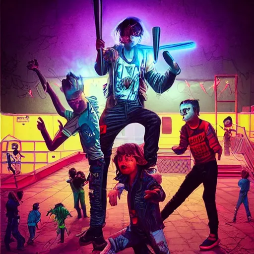 Image similar to young punk rockers fighting against zombies at the playground, by baseball bat in the retro wave stranger things style, neon colors, hyper detailed, digital art, cinematic lighting, concept art by artgerm and greg rutkowski and caravaggio and moebius and jakub rebelka, 8 k