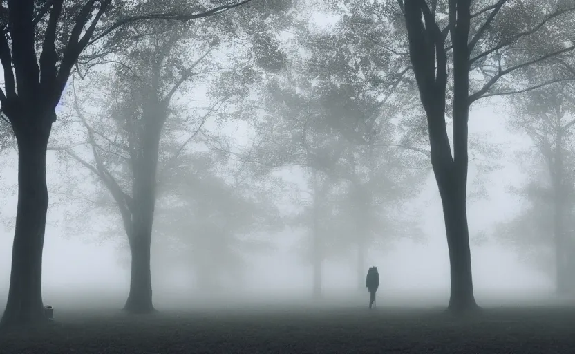 Image similar to cinematic shot of a lonely man with broken heart at park, moody scene from being john malcovich directed by charlie kaufman ( 2 0 0 1 ), foggy volumetric light morning, anamorphic lenses, kodak color film stock