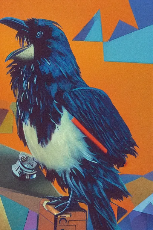 Image similar to a raven investigating 8 0 s era technology, vintage shapes, retro technology, happy color, wayne barlow, oil on canvas, deep depth of field, masterpiece, cinematic composition, hyperdetailed