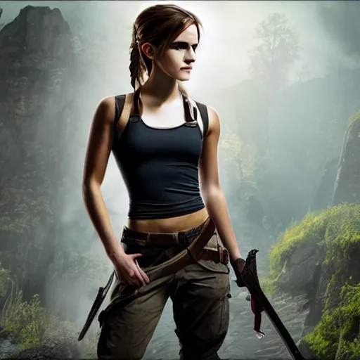 Image similar to Emma Watson modeling as Lara Croft from Zelda, (EOS 5DS R, ISO100, f/8, 1/125, 84mm, postprocessed, crisp face, facial features)