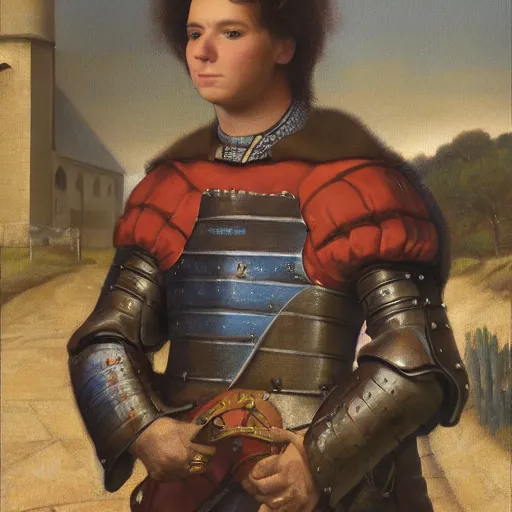 Prompt: portrait of a young squire, painting by michael wellen, john stephens, in a medieval city, tone mapping, airbrushed clouds, trending on artstation