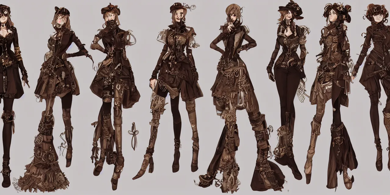 Image similar to steampunk dresses, costume, fashion, movie, anime, game, character concept, characters reference sheet, high quality, ultra detailed, full body, trending on ArtStation, digital art, concept art