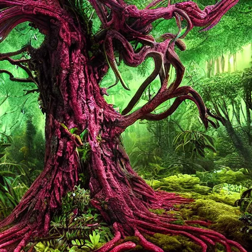 Prompt: horrific, spectacular tree in a densely overgrown mysterious jungle, fantasy, dreamlike sunraise, ultra realistic