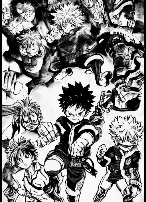 Image similar to My Hero Academia manga page showing the end of the series, dark colors, sinister atmosphere, dramatic lighting, cinematic, establishing shot, extremely high detail, photo realistic, cinematic lighting, pen and ink, intricate line drawings, by Kohei Horikoshi, post processed, concept art, artstation, matte painting