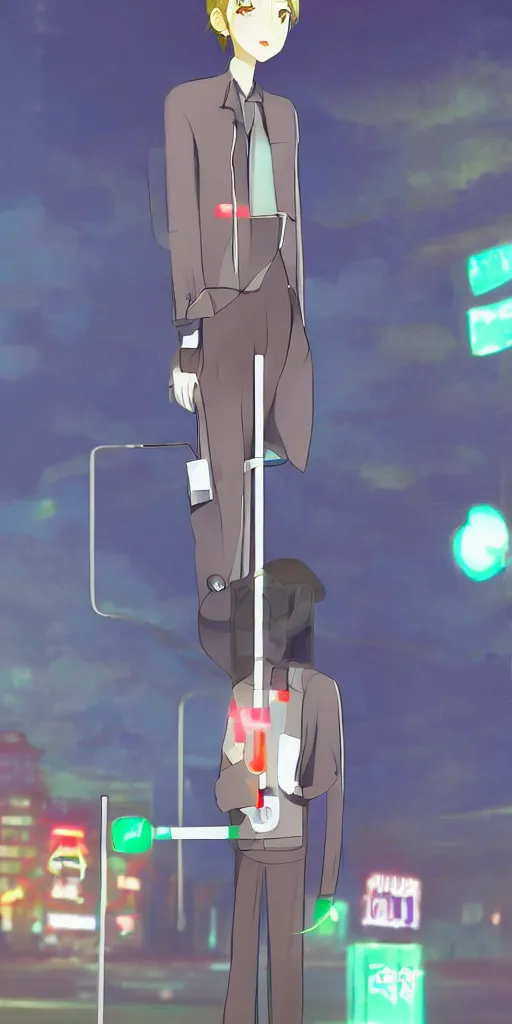 Image similar to Android wearing a school uniform, smoking a cigarette while standing on street corner lit by a neon sign”, full body shot, Digital art, detailed, anime