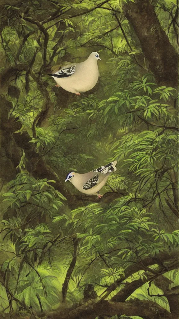 Image similar to a painting of a pigeon in a lush forest, by hiroshi yoshida