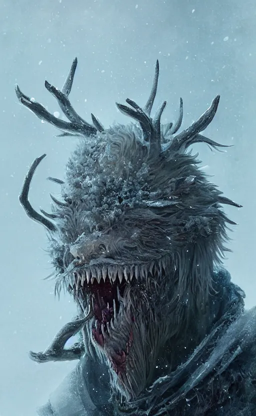 Image similar to portrait of a frozen monster creature, in a snowy field, teeth, fantasy, highly detailed, cinematic lighting, digital art painting by greg rutkowski