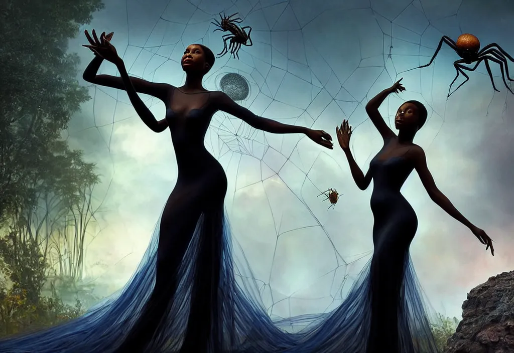 Prompt: realistic detailed portrait movie shot of a single beautiful black woman in a transparent sheer fabric dress dancing with a giant spider, futuristic sci fi landscape background by denis villeneuve, monia merlo, yves tanguy, ernst haeckel, alphonse mucha, max ernst, caravaggio, roger dean, sci fi necklace, masterpiece, dreamy, rich moody colours