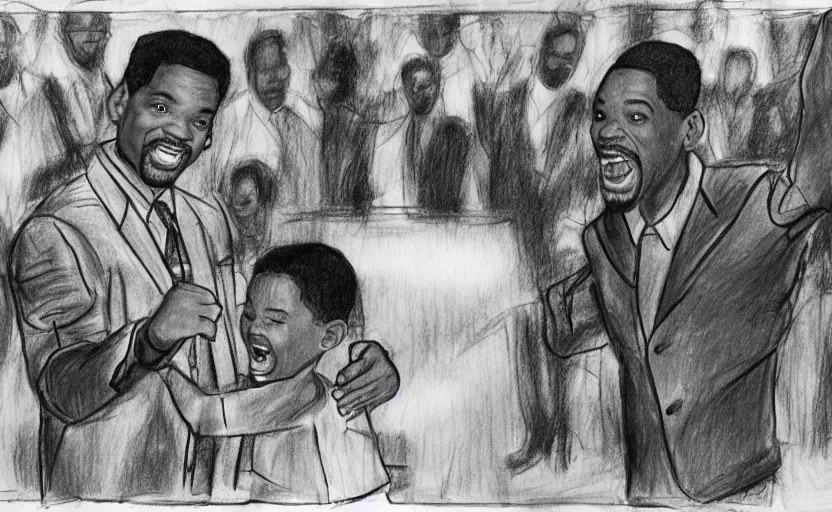 Prompt: a child\'s drawing of Will Smith slapping Chris Rock on stage at the academy awards - H 512