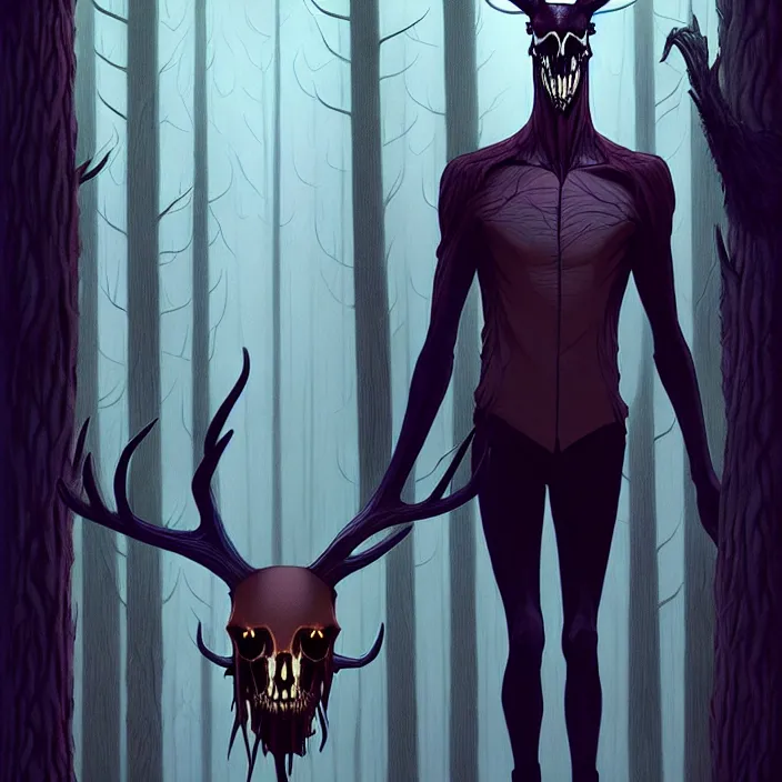 Image similar to rafeal albuquerque comic art, joshua middleton, tim jacobus, artgerm : : wendigo monster with deer skull face, antlers, furry body, tall and lanky : : walking through the forest : : night time : : spooky, scary, fog