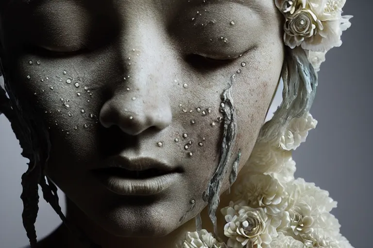 Image similar to a sculpture of a beautiful woman with flowing tears, fractal flowers on the skin, intricate, a marble sculpture by nicola samori, behance, neo - expressionism, marble sculpture, apocalypse art, made of mist, still frame from the prometheus movie by ridley scott with cinematogrophy of christopher doyle, arri alexa, anamorphic bokeh, 8 k