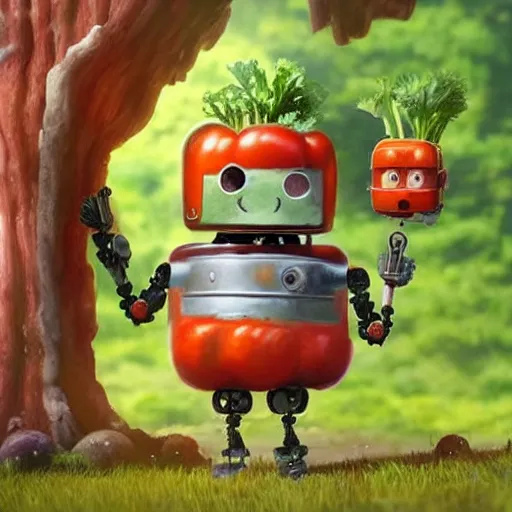 Image similar to cute little robot made of vegetables, tomato head and a carrot sword, made in abyss style standing on a forest