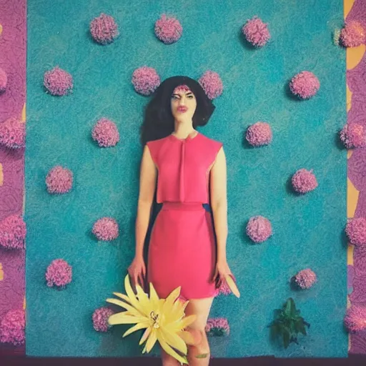 Image similar to giant flower head, frontal, girl standing in mid century hotel, surreal, symmetry, bright colors, cinematic, wes anderson