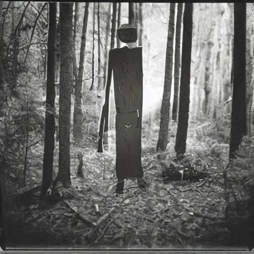 Image similar to Slenderman in the woods, old polaroid photography, grainy film, black and white