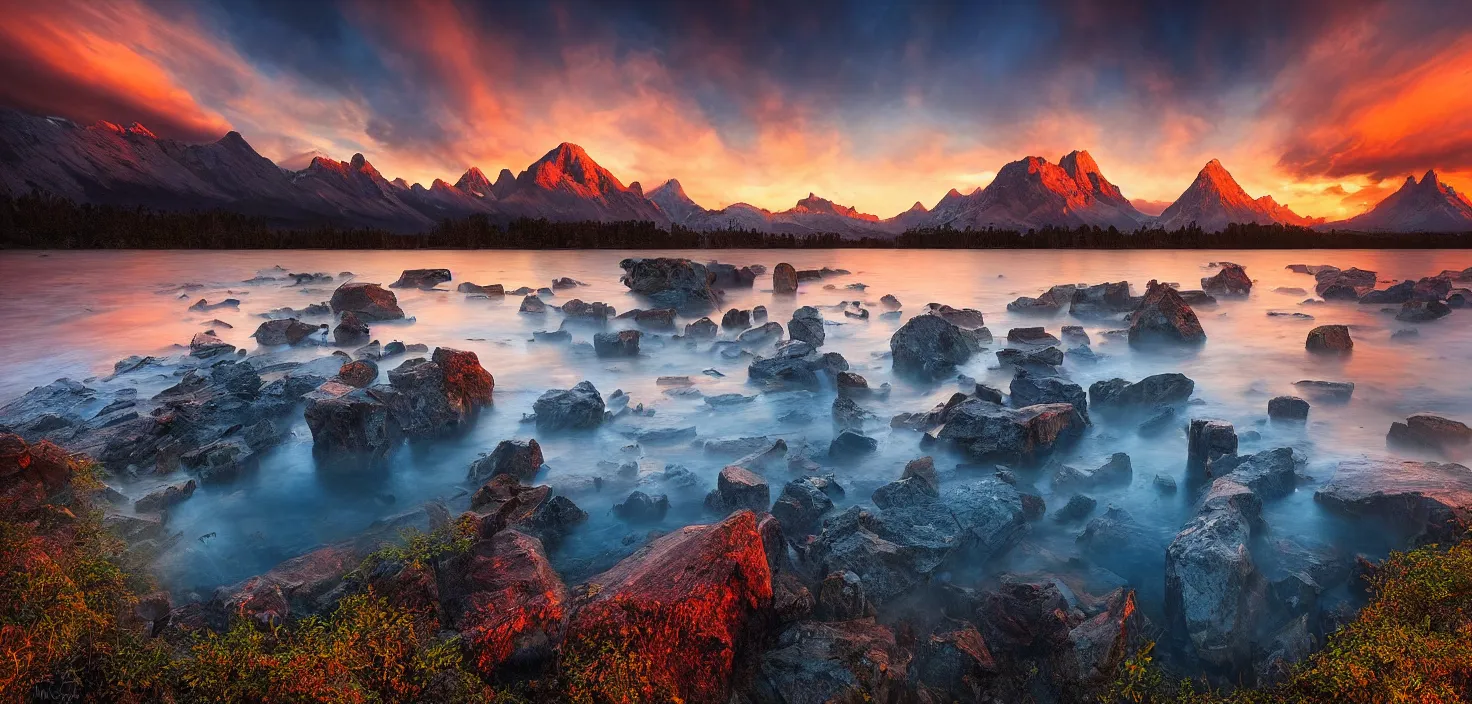 Image similar to amazing landscape photo of mountains with lake in sunset by marc adamus, beautiful dramatic lighting