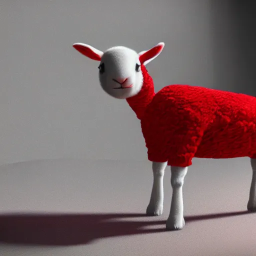 Image similar to lamb wearing a red sweater, walking on to legs, concept art, octane render, unreal engine 5, highly detailed, high quality, 8 k, soft lighting, realistic face, path traced