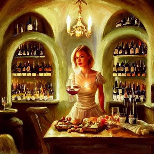 Prompt: wine cellar full of food, torches on the wall, schnapps, romantic, inviting, cozy, blonde woman, painting, Fritz Wagner, Vladimir Volegov, Olga Zakharova