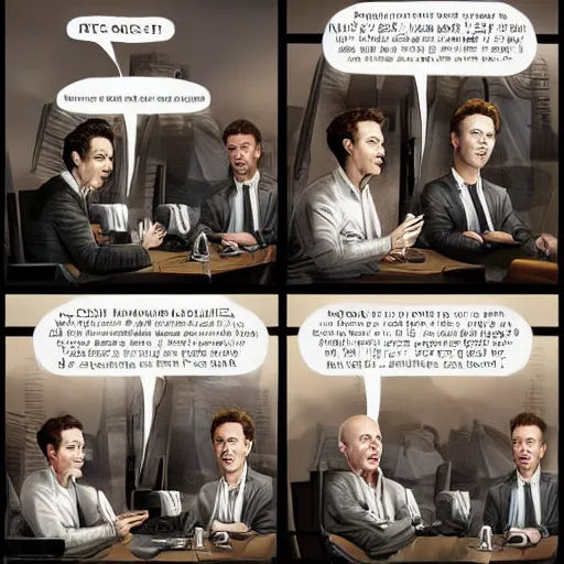 Image similar to comic scene of elon musk, mark zuckerberg, jeff bezos, in meeting together, very detailed, art contest winner on behance, trendy on deviant art, by artgem, stanley lau, craig mullins