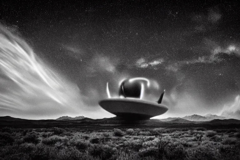 Prompt: alien space ship invading earth in the style of ansel adams, black and white, old, master photography