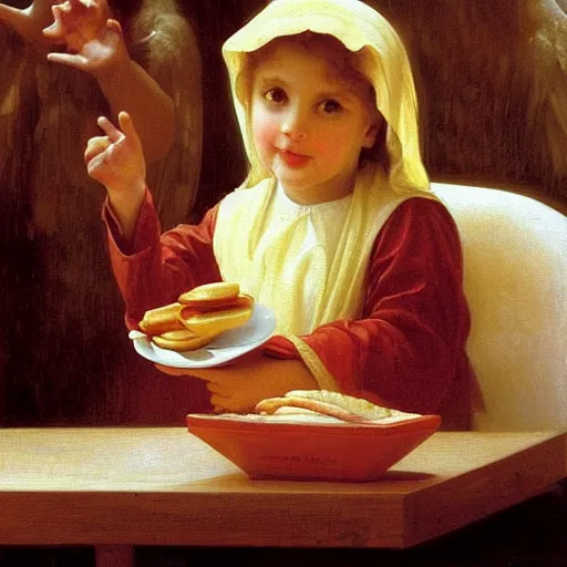 Image similar to an oil painting of an angel inside McDonald's eating pancakes, by Bouguereau, highly realistic and intricate