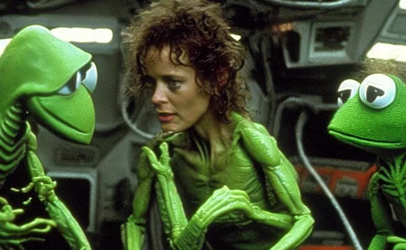 Image similar to the scene from aliens where ripley is in a powerloader but it's kermit the frog vfx film